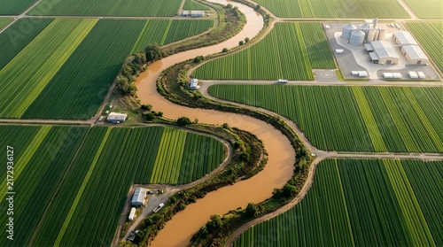 Aerial view of a winding river through green farm fields and grain silos