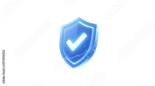Glowing blue security shield with checkmark icon, digital safety and cyber protection symbol, 3D glass shield for data privacy isolated PNG with Transparent Background