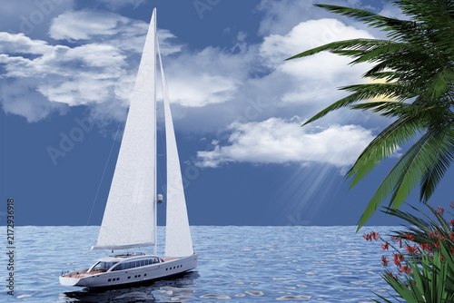 Barca a vela. Yacht a vela di lusso.  Barca che naviga  in mare blu, orizzonte di sfondo con mare e cielo azzurro. Palme tropicali in primo piano.