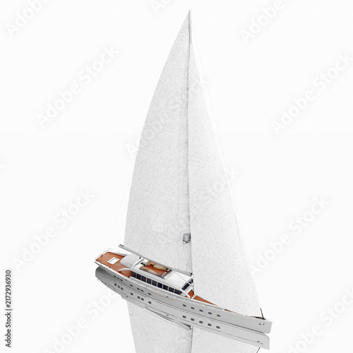 Barca a vela. Yacht a vela di lusso. Rendering 3D dell'imbarcazione su sfondo bianco con riflesso. Scontornabile oggetto singolo isolato.