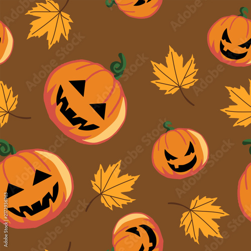 Halloween Pumpkin Jack-O'-Lantern Seamless Pattern With Autumn Leaves And Spooky Faces