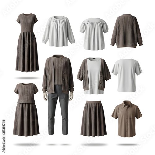 Stylish women's apparel collection showcasing versatile minimalist clothing dresses, tops, skirts, sweaters, and pants in neutral brown, grey, and white tones