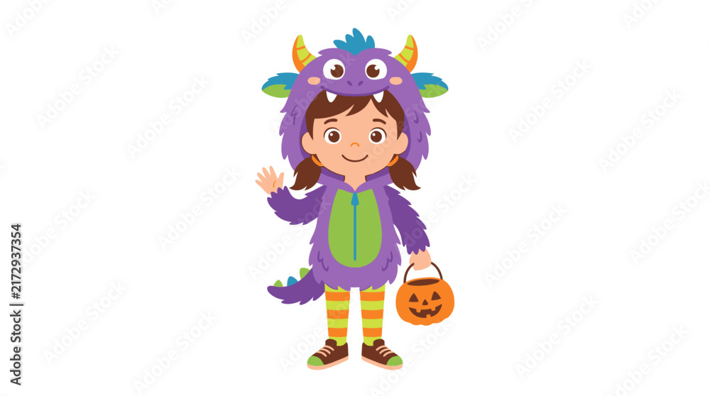 Fototapeta premium Child in a Cute Monster Costume Waving with Trick-or-Treat Bucket