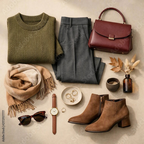 Autumn Fashion Outfit Flat Lay with Knit Sweater, Trousers, Handbag, Scarf and Ankle Boots