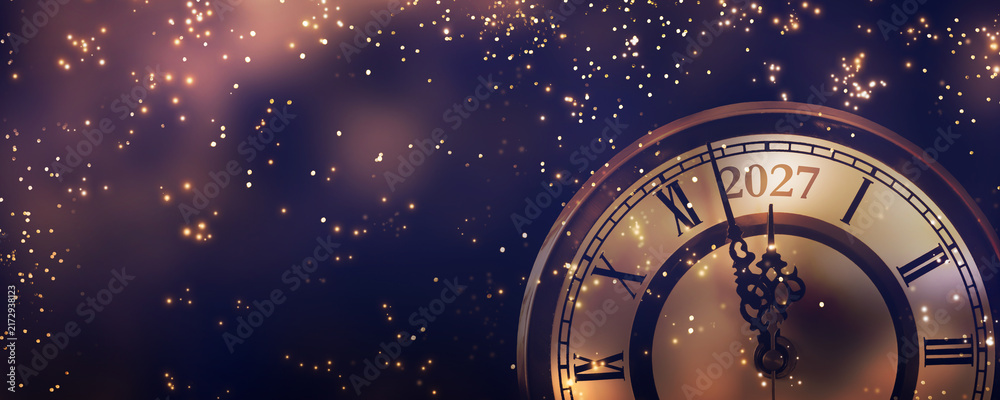 Naklejka premium happy new year 2027 countdown clock on abstract glittering midnight sky with copy space, festive party invitation card concept for new years eve