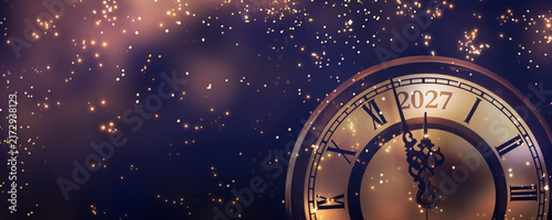 Konstfotografi happy new year 2027 countdown clock on abstract glittering midnight sky with cop