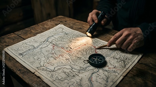 Person using a flashlight to study a topographic map on a wooden table
