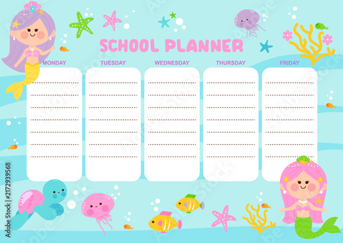 Mermaid school subject planner for children. Cute mermaid princess girl schedule, weekly sea and ocean theme timetable for students. Kawaii calendar planner and scrapbook. Vector illustration