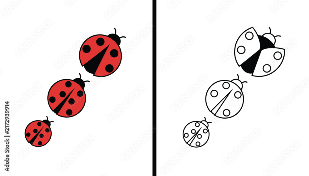 Fototapeta premium Set of ladybug insect icons shown in red color and line art vector versions