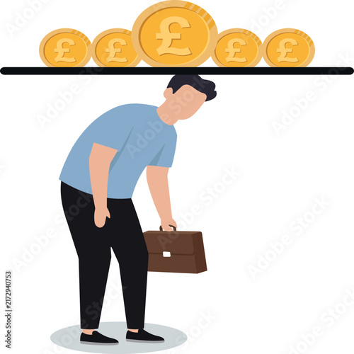 Exhausted Man Bent Over Under Heavy Pound Coins Burden Concept Vector
