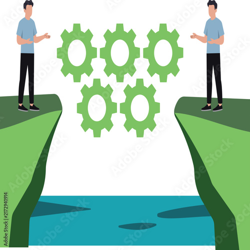 Team Connecting Gears Across Bridge Gap Mechanics Concept Vector
