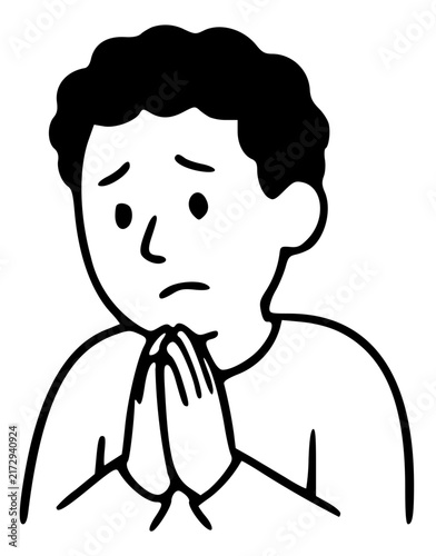 Принти на полотні A simple black-and-white vector line art portrait of a young man looking hopeful yet anxious, hands joined together near his chest in a plea or prayer