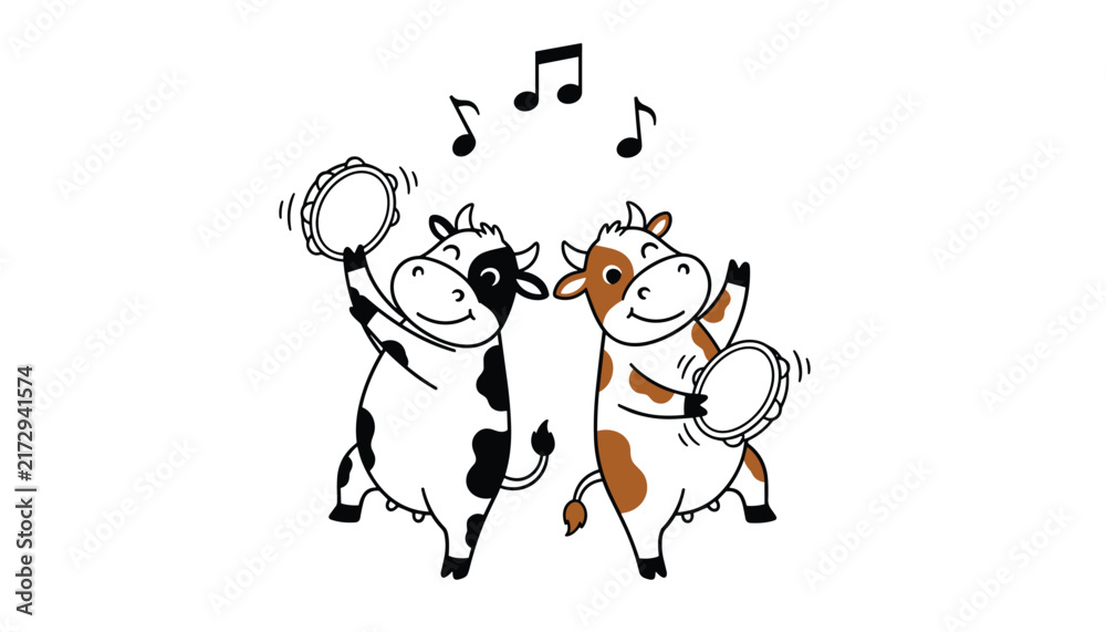 Obraz premium Two cute cartoon cows playing tambourines and dancing under floating musical notes