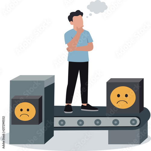 Man Standing on Conveyor Belt with Negative Emoji Blocks Concept Vector