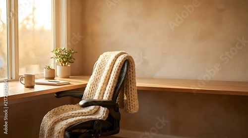 Cozy Home Office Workspace with Warm Sunlight