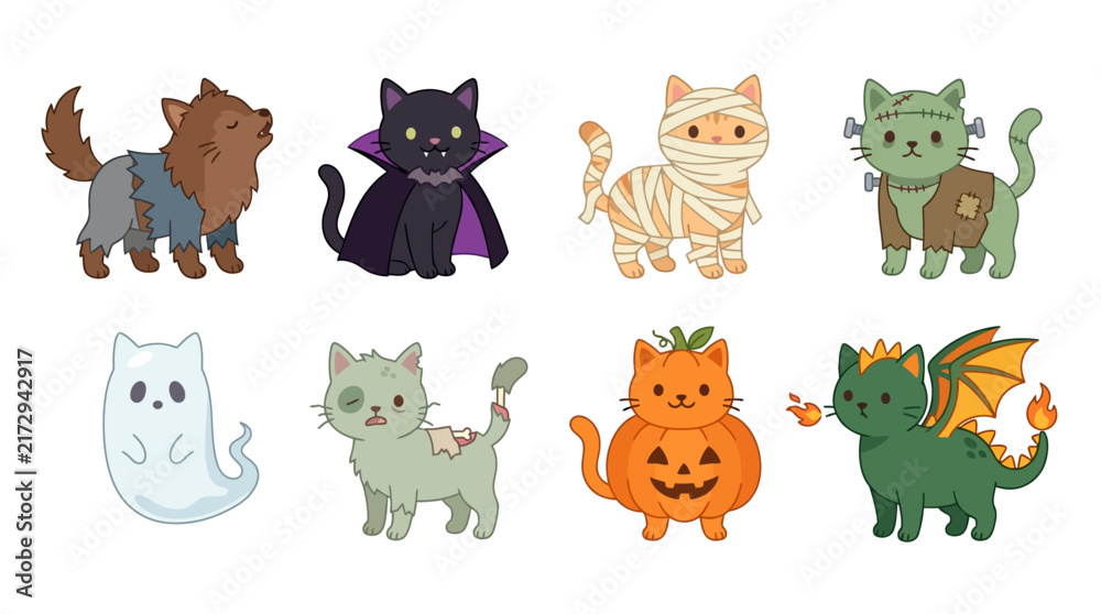 Fototapeta premium Cute Halloween Cat Costumes Vector Collection