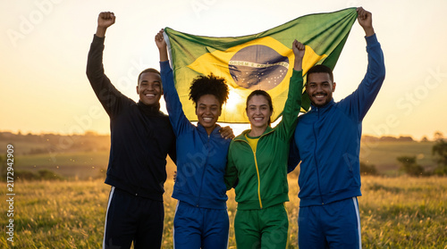 Group of Happy Brazilian Athletes Holding National Flag in Field