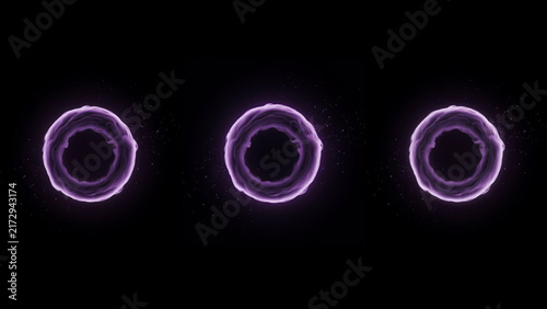 Three luminous purple circular rings with wavy edges on a dark black background