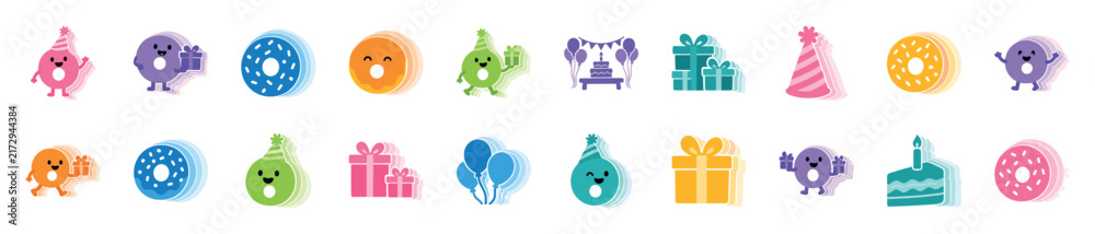 Fototapeta premium Large collection of cute birthday party sticker icons featuring kawaii donut characters, gift boxes, balloons, and cake elements in a colorful modern flat design style
