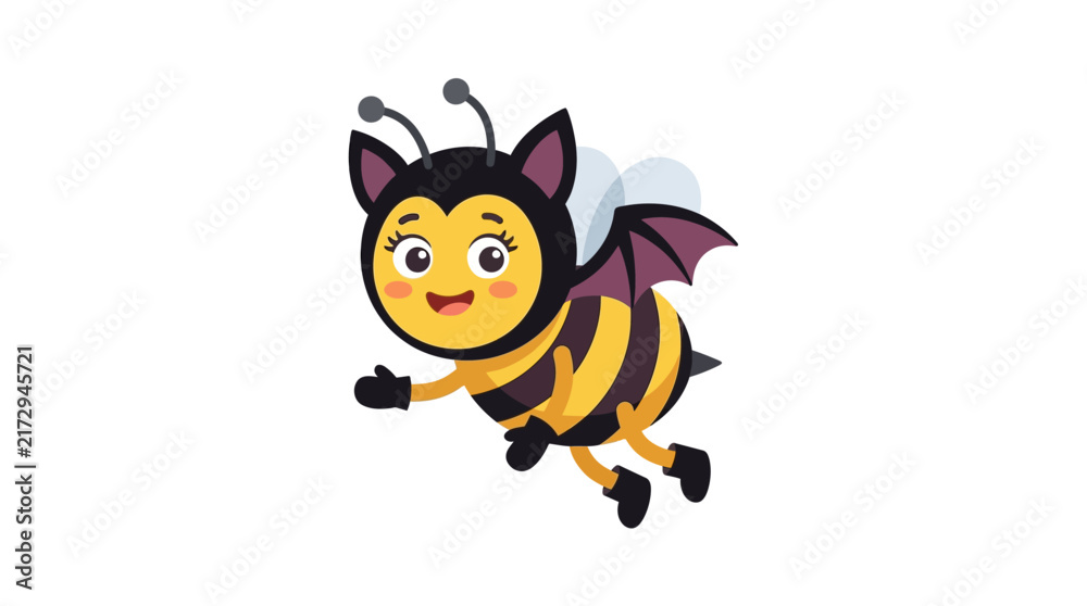 Fototapeta premium Cute Cartoon Bee with Bat Wings Flying