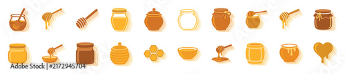 Collection of honey and apiculture icons showing jars, pots, dippers, honeycombs, and dripping honey, presented in a simple flat vector sticker style with a warm color palette