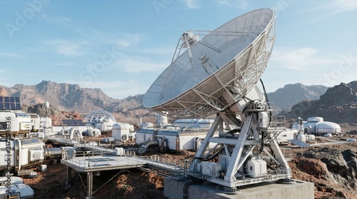 Mars Colony Communication Array: A large satellite dish antenna stands tall in a futuristic Martian settlement.