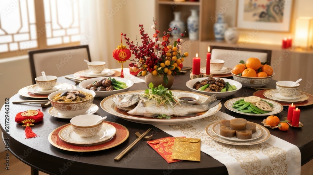Fototapeta premium Chinese New Year Feast: A lavish spread of traditional Chinese dishes laid out on a richly decorated table, adorned with red lanterns and auspicious symbols.