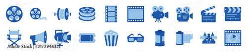 Collection of blue cinema and movie production icons including a film reel, camera, clapperboard, popcorn, and director's chair, presented in a flat graphic style