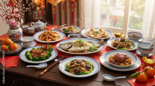 Chinese New Year Feast: A bountiful spread of traditional Chinese dishes adorns a table, decorated with festive red accents and oranges.