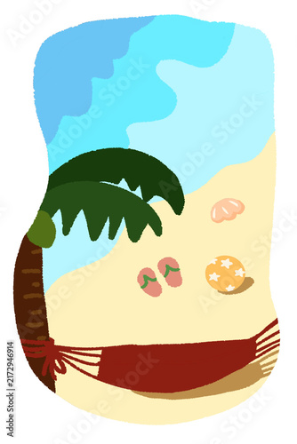 Hand Drawn Tropical Beach Summer Scene, Coconut Tree Hammock Flip Flops Illustration