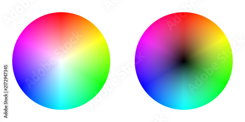 Color wheel gradient on white background. Two colorful circular gradients illustrating color spectrum and color theory
