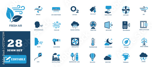 Fresh air icon set featuring blue weather elements for climate environment use.