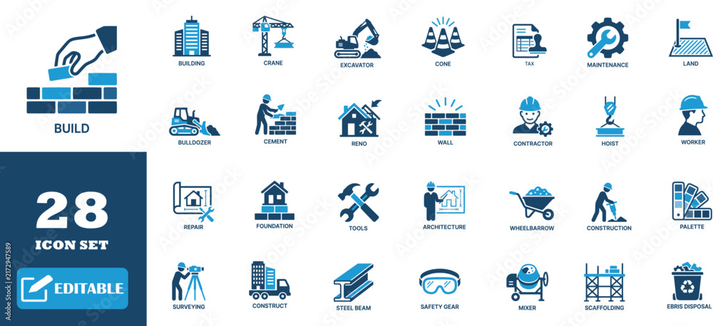 Naklejka premium Construction and building icon set in blue color palette for web design.