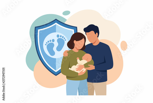 New Parents Cradling Baby with Protective Shield for Family Insurance