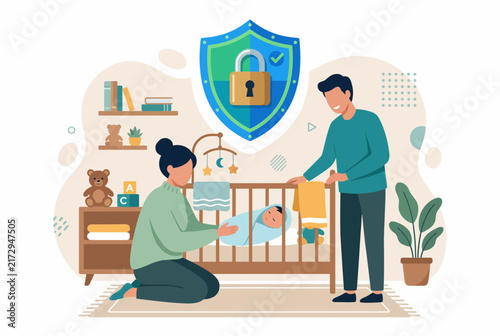 New Parents with Baby in Nursery Under Protective Shield Concept