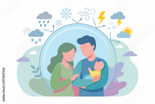 Family protection shield for parents and baby insurance concept