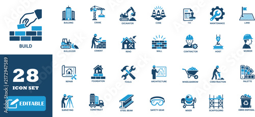 Construction and building icon set in blue color palette for web design.