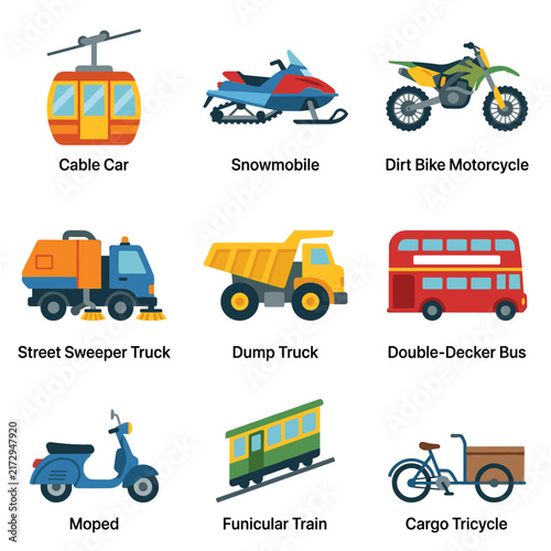 Collection of pixel art vehicles including a cable car, snowmobile, dirt bike, street sweeper, dump truck, double-decker bus, moped, funicular train, and cargo tricycle, perfect for transportation or