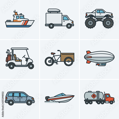 Pixel art collection of various transportation vehicles, including a boat, truck, monster truck, golf cart, bicycle, blimp, car, speedboat, and tanker truck, isolated on white