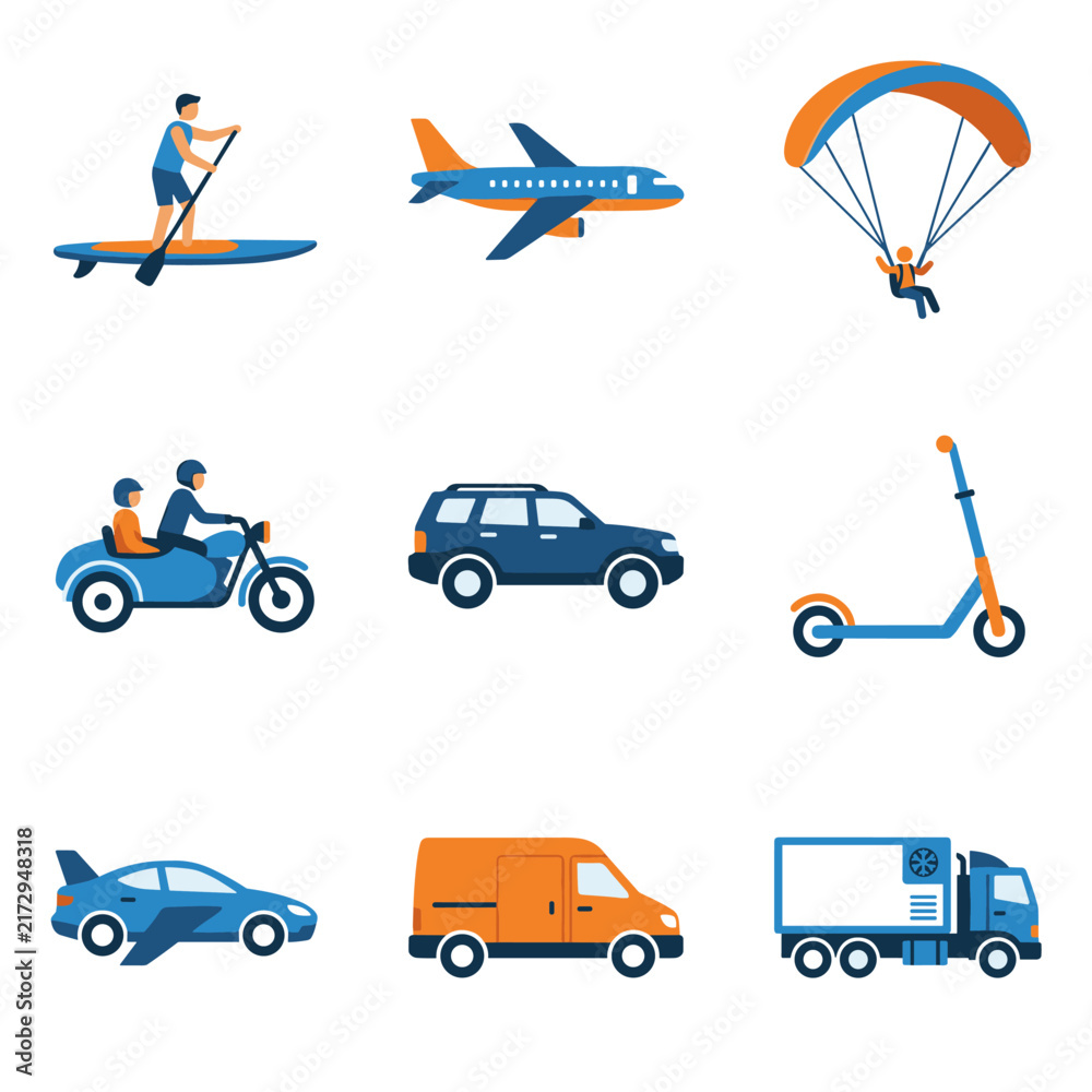 Fototapeta premium Set of pixel art icons for transportation and recreation, including paddleboarder, airplane, skydiver, motorcycle, car, scooter, sports car, delivery van, and truck
