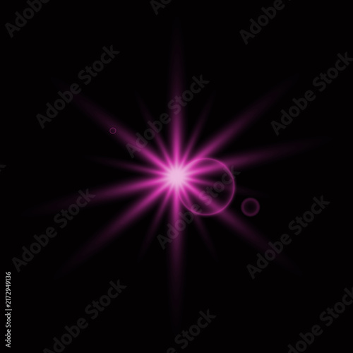 A vibrant pink and purple starburst light effect against a stark black background radiating energy