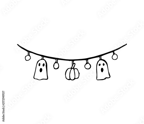 Hand Drawn Halloween Garland with Ghosts Pumpkin and Lights Line Art Doodle Illustration