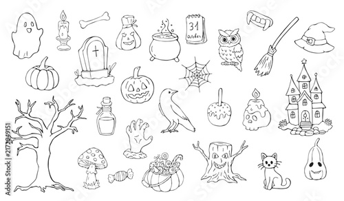 Big Hand Drawn Halloween Icon Set with Ghost Pumpkin Witch Hat and Haunted House Line Art Doodle Illustration