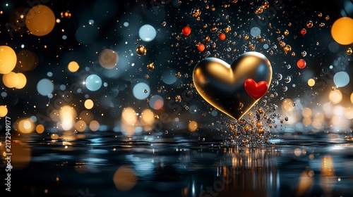 Golden Heart Love Celebration with Shimmering Bokeh and Reflective Water Background
