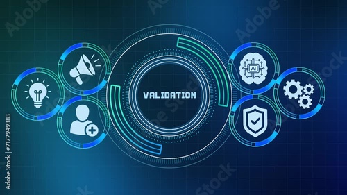 Digital data validation and verification system concept with artificial intelligence icons on dark background