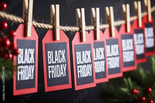 Black friday sale tags hanging on a rope with wooden clothespins against a dark festive background
