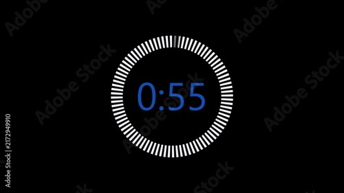 60 second countdown timer animation with blue digits, one minute countdown from 60 to 0 seconds with circular progress indicator in 4k