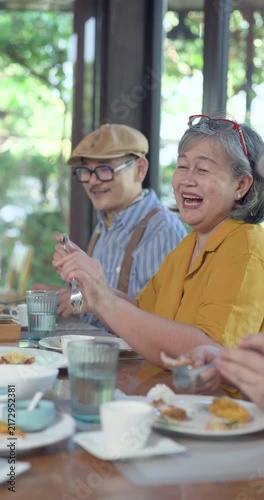 Senior asian retiree women enjoy reunion brunch together at restaurant table, smiling during meal, warm conversation, companionship, encouragement, relaxed social bonding, Vertical lifestyle frame