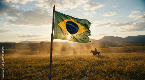 Brazilian flag waving in wind over rural landscape at sunset
