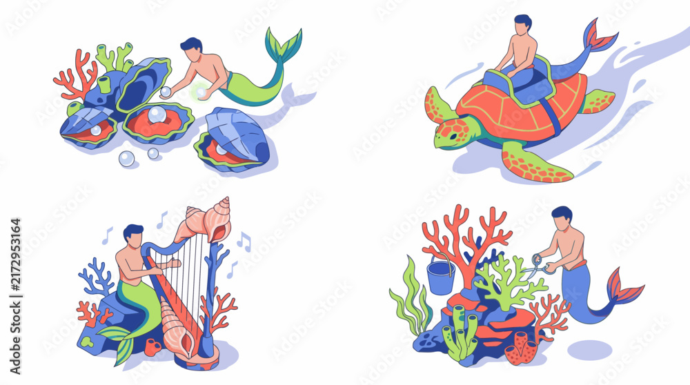 Obraz premium Isometric merman underwater kingdom life scenes with pearls riding turtle playing harp gardening coral reefs set illustration